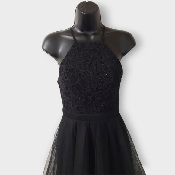 Y2K City Triangles Black Asymmetric Flare Tiered Mesh Halter Dress Sz 1 Goth - Picture 2 of 13